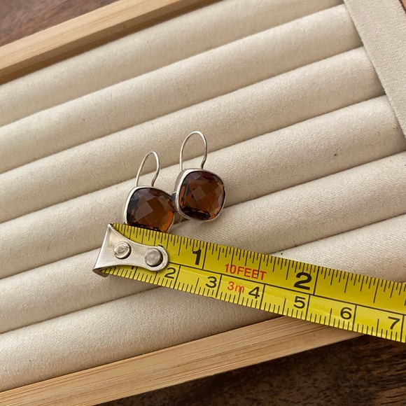 Vintage 925 Sterling Silver Amber Cushion Drop Wire Hook Earrings - Picture 8 of 12